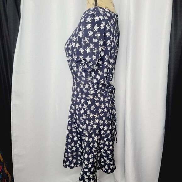 Y2K Navy Blue White Doodle Flower Babydoll Dress - Picture 3 of 9